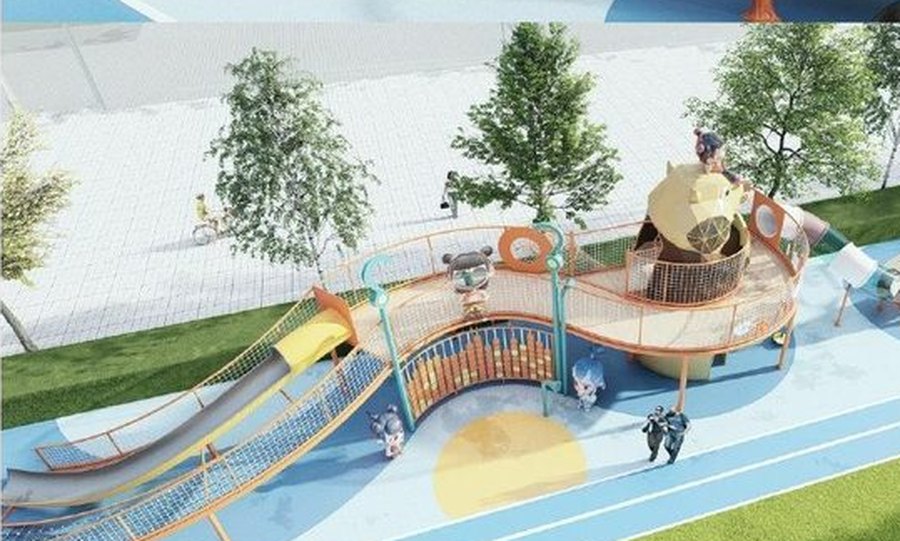 Design render, aerial view of the Nezha-themed stainless steel slide park in Qinhuangdao