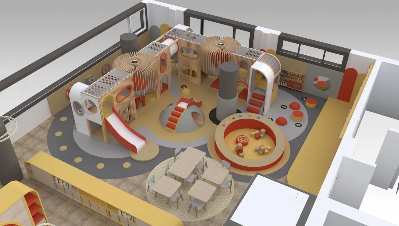 3D design render of a custom indoor playground layout