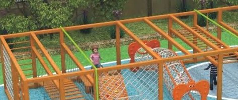 Timber outdoor fitness training frame on a school playing field