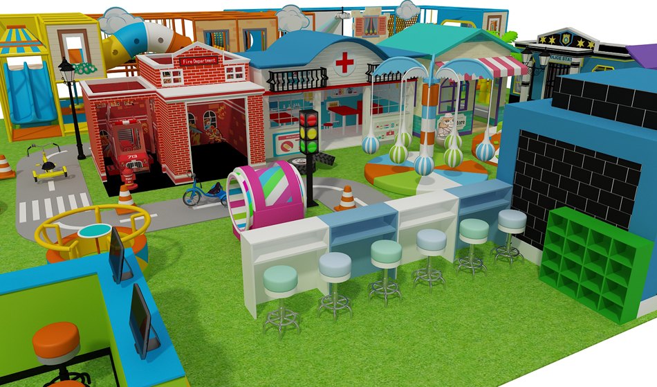 Large indoor combination playground system in a family entertainment centre