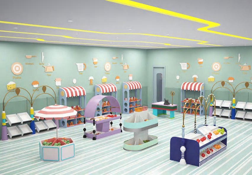 Supermarket role-play set — checkout counter and GREENS produce display