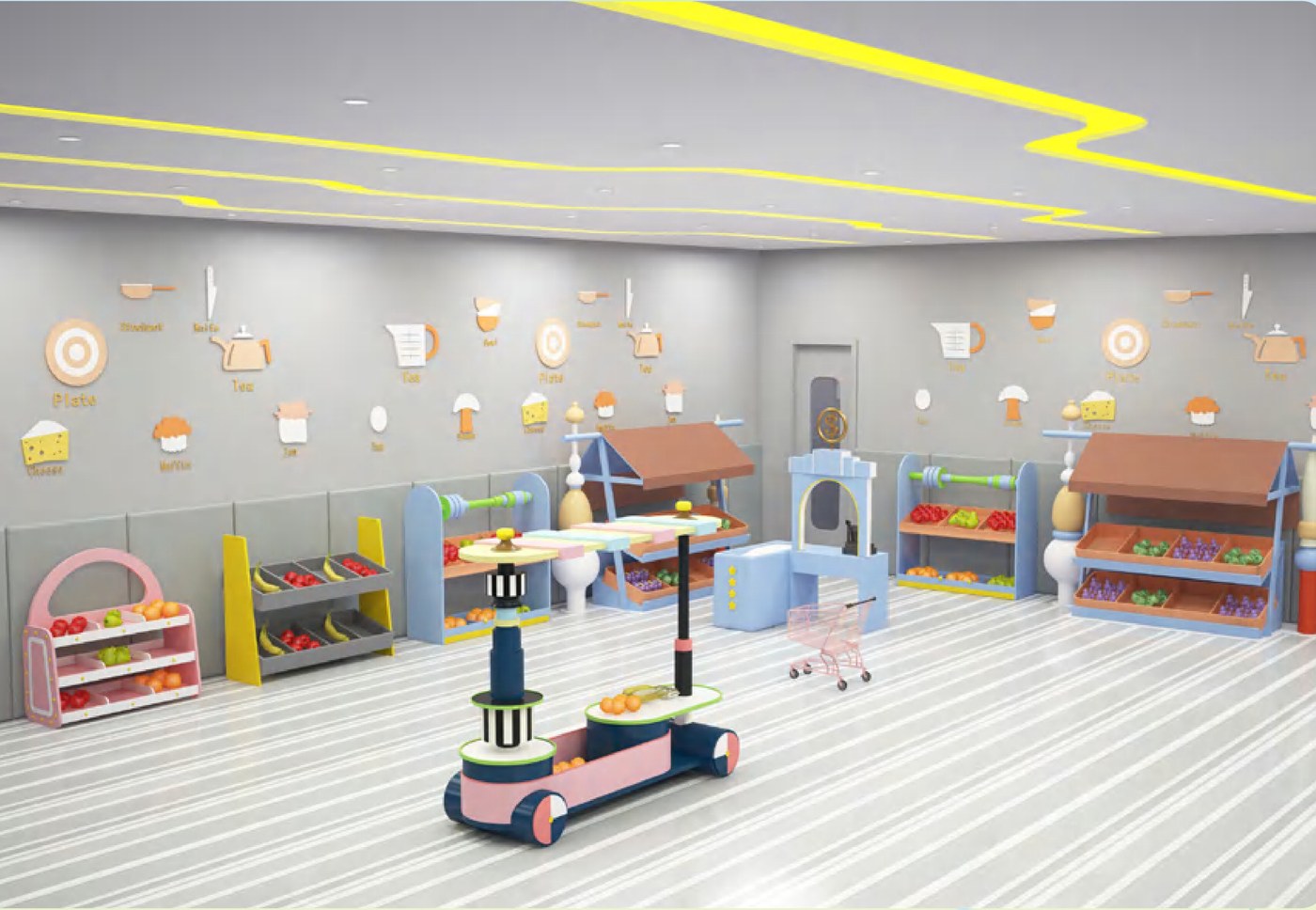 Supermarket role-play set arranged in a play room — stalls, displays and a delivery cart