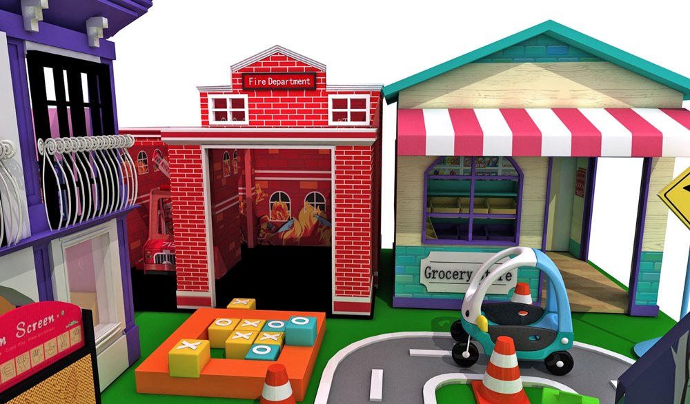 Storybook town themed play street with shopfront playhouses
